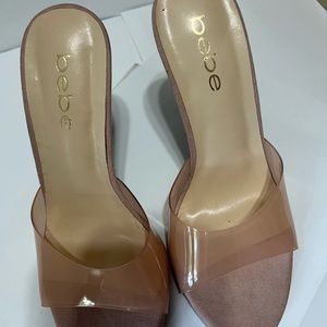 Light Pink high heel slip in sandal with rhinestone heel